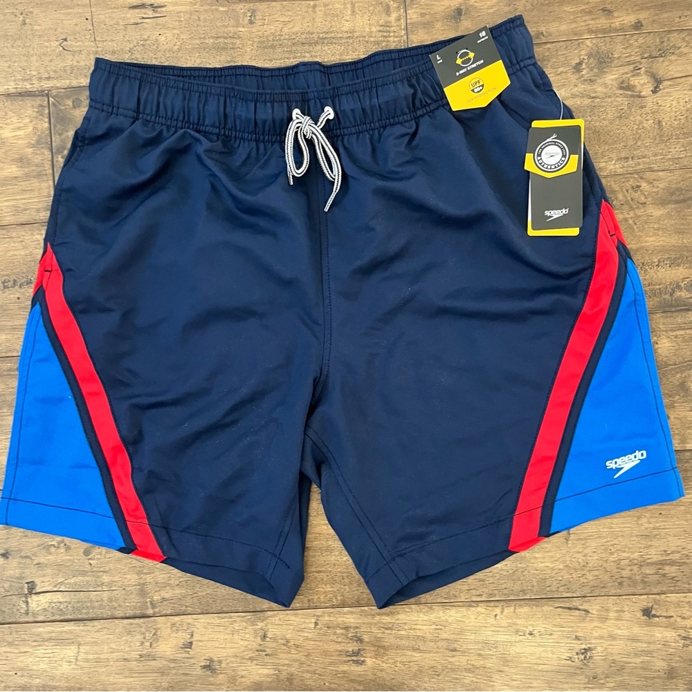 NWT 2-Way Stretch Red And Blue Speedo Swim Trunks